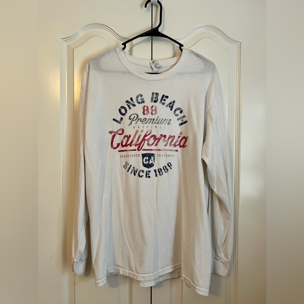 Gildan Heavy Cotton Tear Away White Long Sleeve Long Beach California Tee